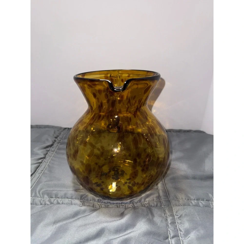 Hand Blown Amber Tortoiseshell Glass Pitcher Round Leopard Spot Art Glass Carafe